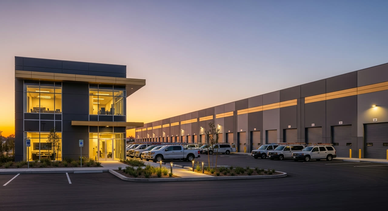 Trades Campus exterior at dusk
